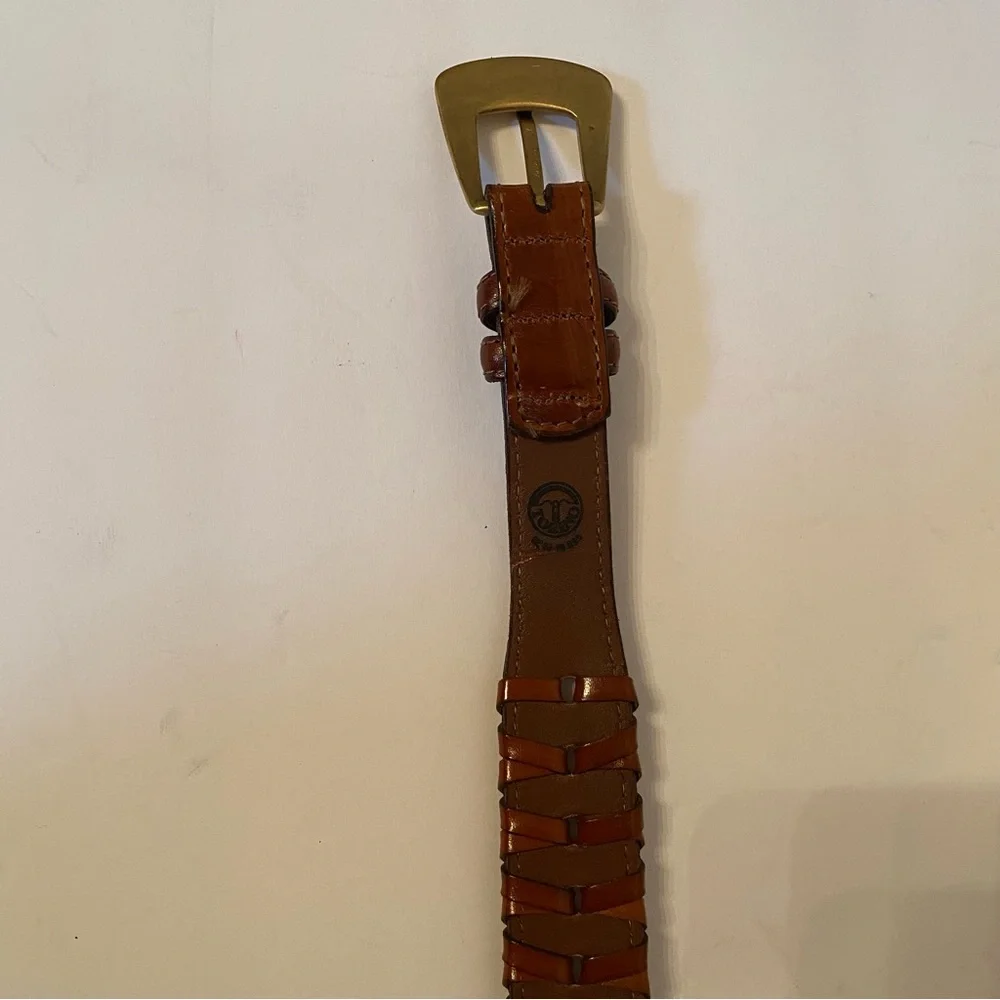 TORINO BELT BROWN LEATHER WOVEN & SMOOTH USA GOLD TONE ITALY BUCKLE SIZE 38